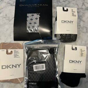 Lot 5 Pr DKNY Donna Karan Tights Black Tan Fishnet Crochet NEW Small/Medium S/M